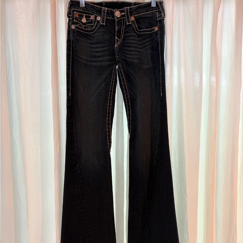 True Religion Dark Wash Low waist Jean, flare leg white stitching #Vintage